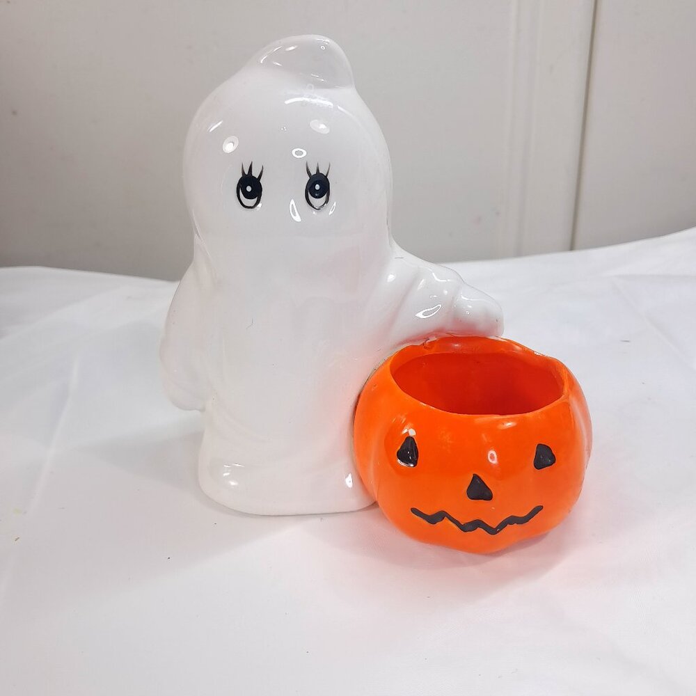Russ Ghost Pumpkin Ceramic Candle Holder Halloween Tealight Whimsical‎ Vintage